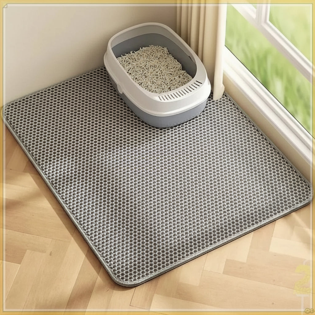 Cat litter mat on a wooden floor with a cat litter box containing cat litter.