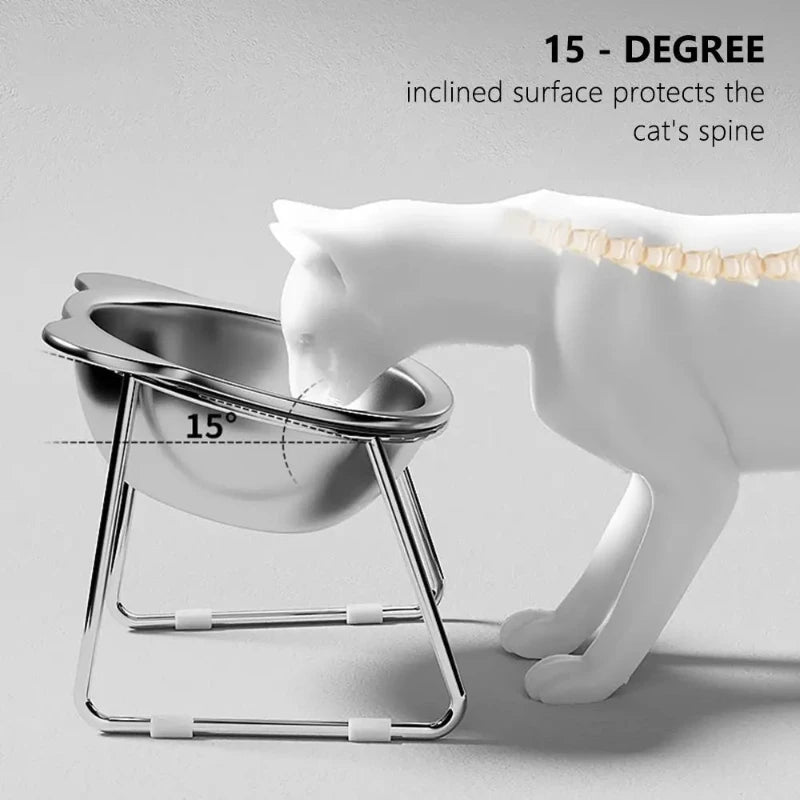 Elevated Stainless Steel Cat Bowl – 15° Tilted Neck Guard Healthy Feeding Bowl