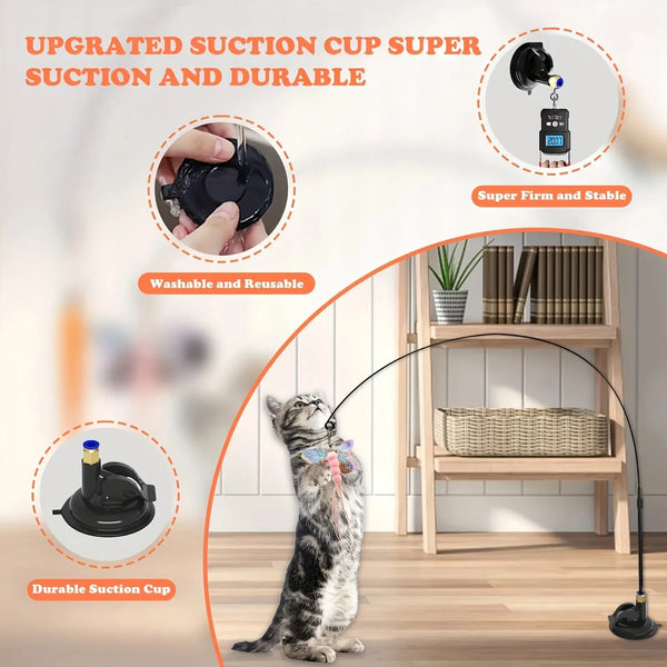 🐱 Cat Teaser Toy – Interactive Bell & Feather Wand with Suction Cup Pole