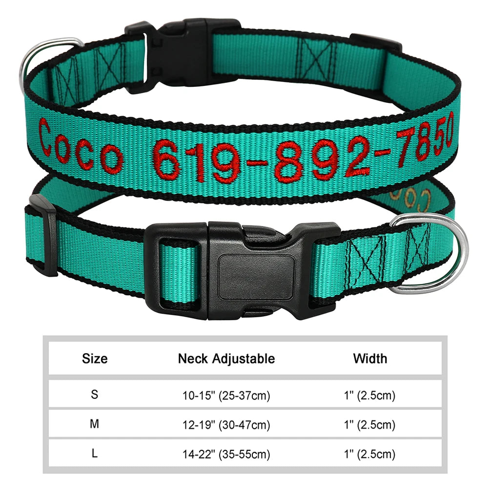 🐶 Adjustable Nylon Embroidered Dog Collar – Custom Name ID Tag