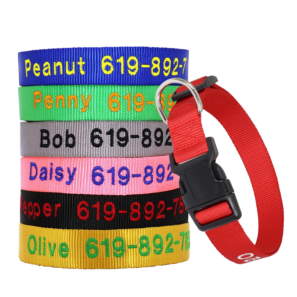 🐶 Adjustable Nylon Embroidered Dog Collar – Custom Name ID Tag