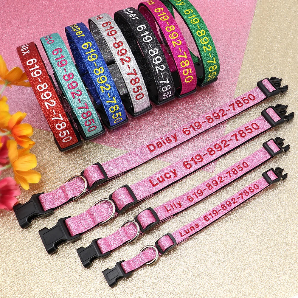 🐶 Adjustable Nylon Embroidered Dog Collar – Custom Name ID Tag