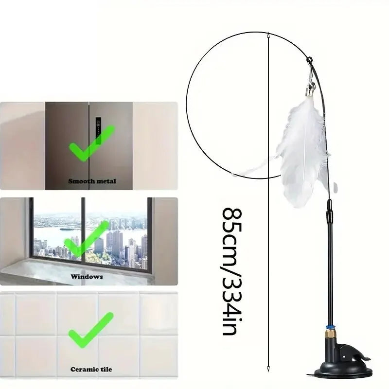 🐱 Cat Teaser Toy – Interactive Bell & Feather Wand with Suction Cup Pole