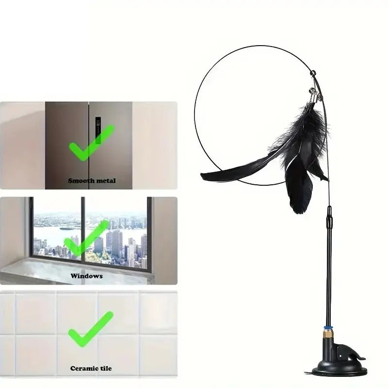 🐱 Cat Teaser Toy – Interactive Bell & Feather Wand with Suction Cup Pole