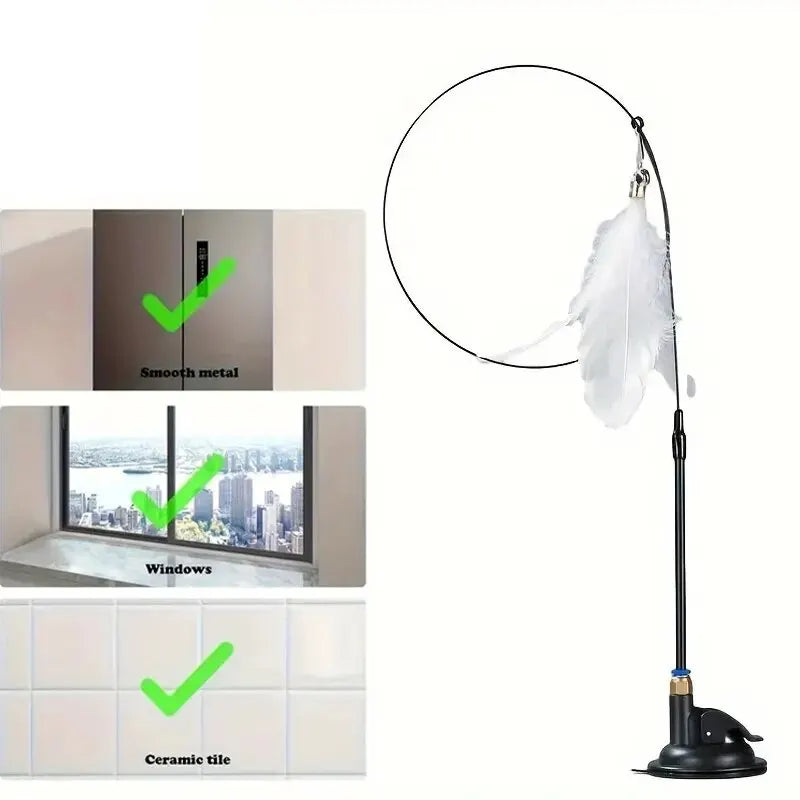 🐱 Cat Teaser Toy – Interactive Bell & Feather Wand with Suction Cup Pole