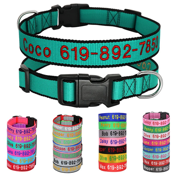 🐶 Adjustable Nylon Embroidered Dog Collar – Custom Name ID Tag