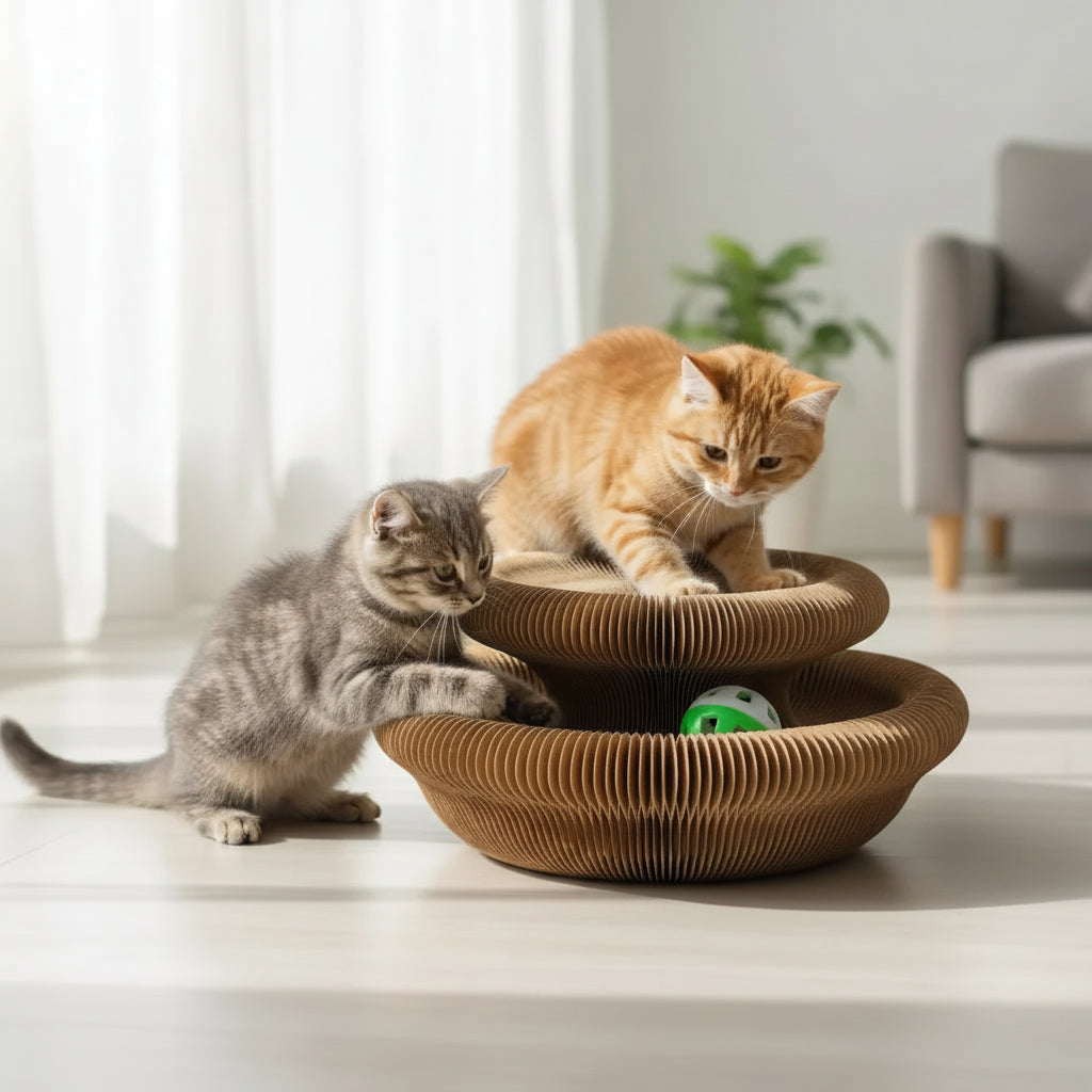 Two cats playing with a three-tiered cat scratcher toy in a living room.